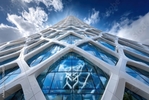 Modern White Skyscraper Against a Blue Cloudy Sky
