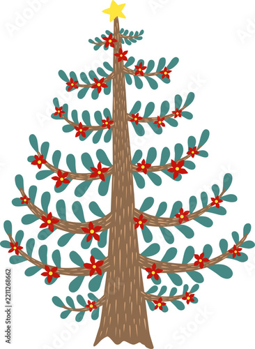 Christmas tree with red flower and star symbol illustration for Christmas holiday and new year event.