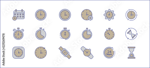 Time and Management Icon Set - Line Vector Icons of Clock, Watch, Calendar, Stopwatch, and Hourglass
