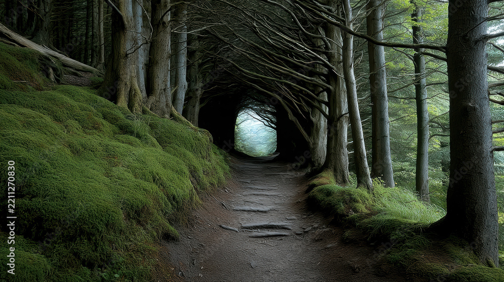 Fototapeta premium Mossy forest path ancient gnarled yew branches tunnel serene green nature tranquil mysterious