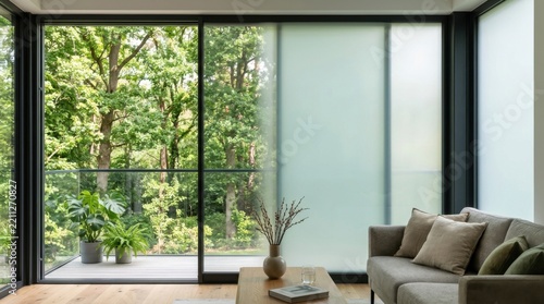 Modern smart window glass with adjustable privacy transitioning from clear view to frosted opacity