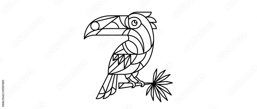Obraz premium Geometric Toucan Bird Sitting on Branch Tropical Plant Outline