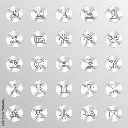 A collection of silver circular icons featuring line-art symbols representing logistics shipping delivery services warehouse management and transportation themes on a grey background