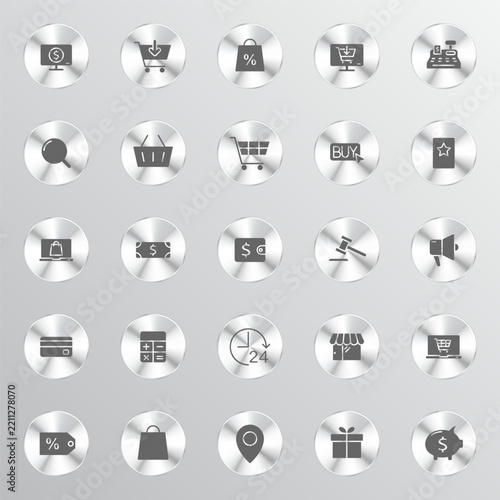 A collection of twenty-five metallic circular icons representing various e-commerce retail and shopping concepts arranged in a five-by-five grid against a gray background
