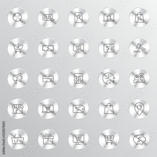 A collection of silver metallic circular buttons featuring various thin-line e-commerce and shopping icons arranged in a grid pattern on a light background