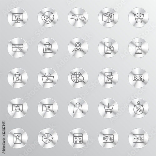 A collection of twenty-five circular metallic buttons each featuring a unique minimalist line drawing representing e-commerce shopping technology and logistics services