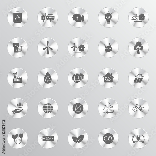 A collection of silver metallic circular icons featuring various eco-friendly green energy and environmental sustainability symbols arranged in a neat grid format