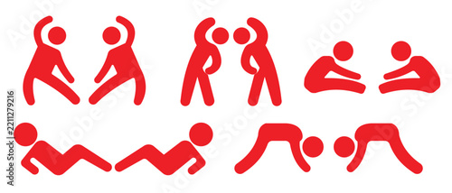 Exercise stretching icons, Man People Athletic Exercise Stretching Warm Up Sign Symbol icon set, .