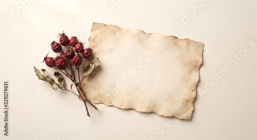 A vintage blank piece of parchment paper with a small bouquet of dried red rose buds