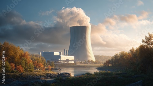 Cooling tower releases steam near a river surrounded by trees in a nuclear power plant setting during daytime