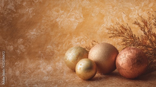 Decorative ornaments on a textured surface with dried foliage displayed for a seasonal celebration