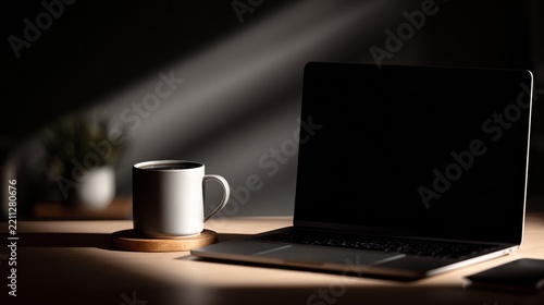Workspace during evening hours with laptop and coffee mug on wooden table