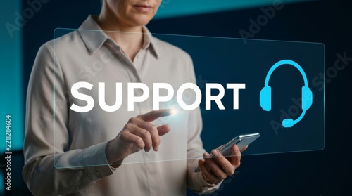 Person using smartphone to interact with virtual support interface.