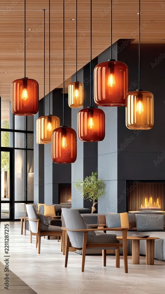 Fototapeta premium Amber glass pendant lights hanging in modern lounge with wooden ceiling and fireplace, interior design
