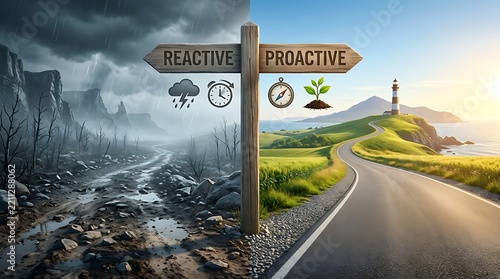 Proactive vs Reactive choice: road to success or stormy path, decision signpost