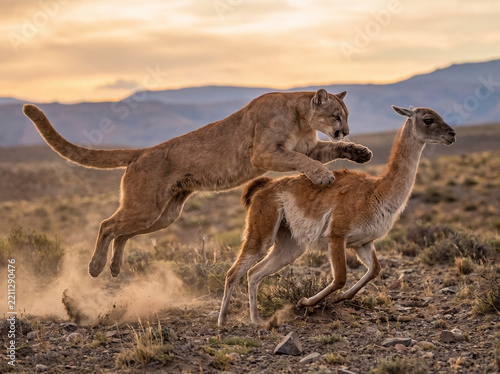 Cougar (Puma concolor) hunting a guanaco in Patagonia