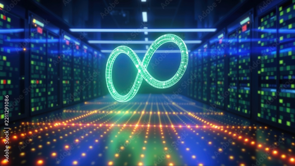 Fototapeta premium Server room displays infinity symbol. Bright lights create futuristic digital tunnel effect. Data center concept.