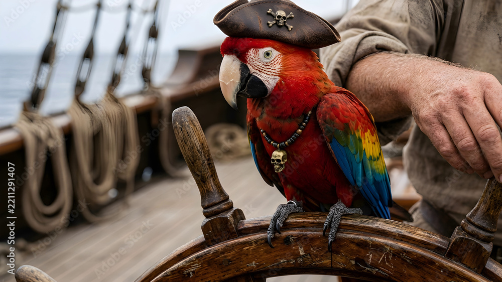 Naklejka premium Colorful parrot wearing pirate hat and skull necklace perched on ship wheel