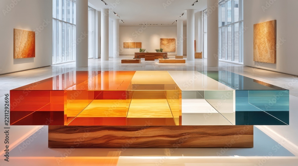 Fototapeta premium Layered colored resin blocks on wooden podium in modern gallery space with large windows and abstract wall art, contemporary art installation