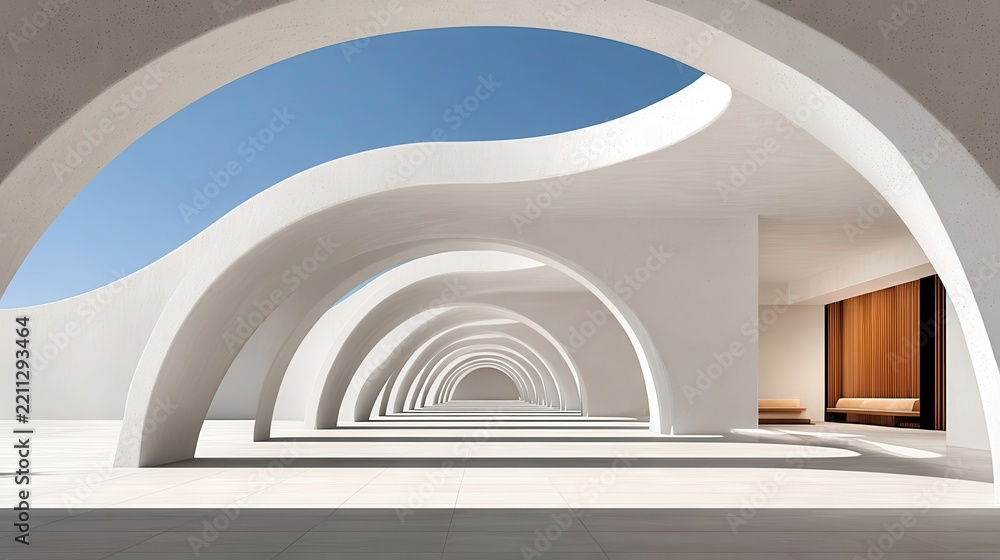 Fototapeta premium White concrete arches receding into distance under clear blue sky with wooden bench visible through opening, architectural design