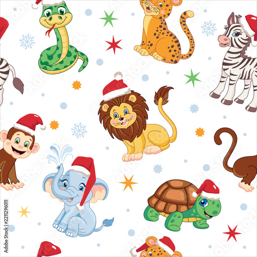 Christmas african jungle animals seamless pattern in Santa hat, snake, panther, elephant, monkey, zebra, lion, turtle. new year characters, cute animals, holiday mascot vector isolated