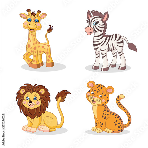 Cartoon animals gather in a sunny, tropical setting zebra. giraffe, lion, leopard