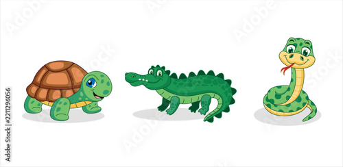 Cartoon animals gather in a sunny, tropical setting turtle, crocodile, alligator