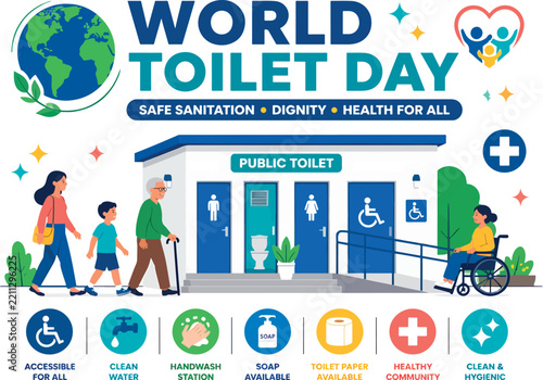 World Toilet Day Flat Vector Illustration, Public Sanitation Awareness Graphic With Diverse People, Hygiene Symbols And Accessibility Icon