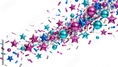 Shiny metallic star ornaments and confetti, isolated on transparent background