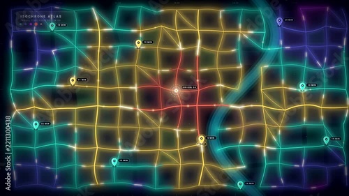 Futuristic Isochrone Atlas Data Visualization Map with Glowing Network Traffic and Travel Time Nodes