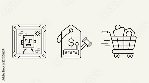 Minimalist NFT and Blockchain Commerce Line Icons for Digital Art Marketplace and Auctions