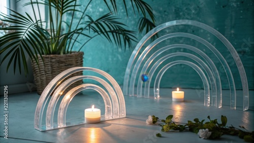Transparent acrylic rainbow arcs with lit candles and a plant, modern interior decor arrangement