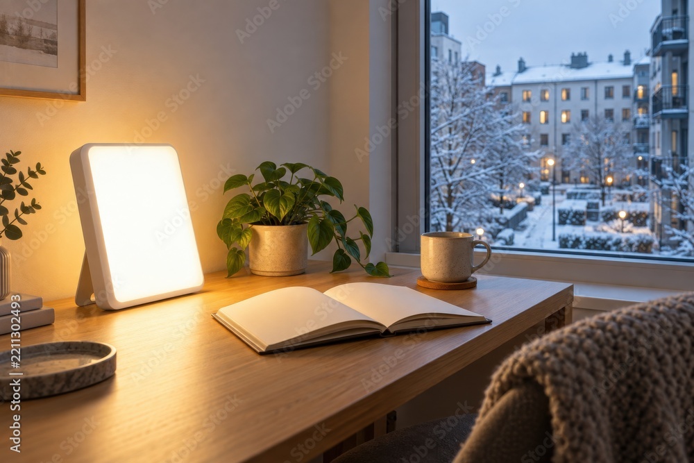 Fototapeta premium Winter light therapy routine in a realistic empty setting for healthcare, wellness, patient support and public health campaigns