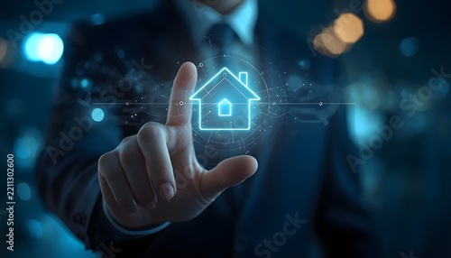 Businessman touching a digital smart home interface in a futuristic