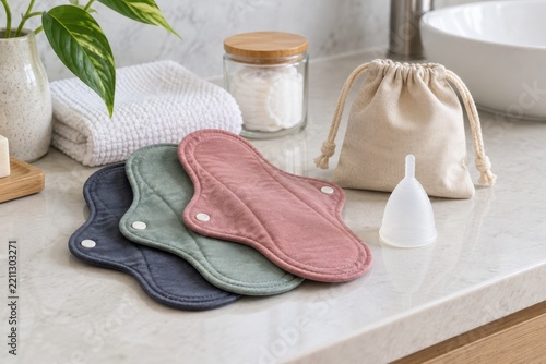 Reusable period care kit in a realistic empty setting for wellness, sustainable living, editorial design and community campaigns
