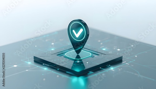 Glowing location pin with checkmark on a futuristic digital circuit
