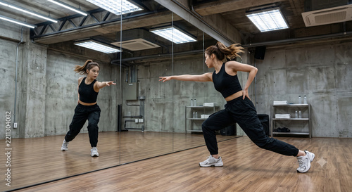 An entertainment Idol trainee dancing K-pop moves in front of a mirror in a dance studio.