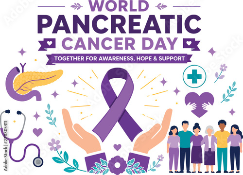 World Pancreatic Cancer Day Awareness Vector With Purple Ribbon And Community Support