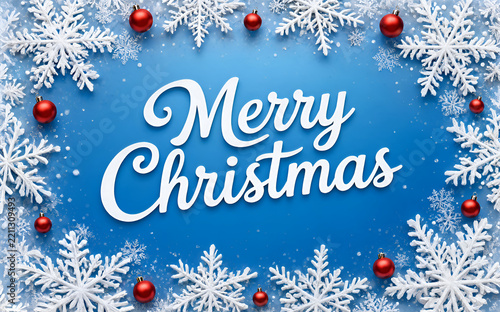 Festive Christmas Background with White Snowflakes and Red Baubles on Blue Winter Gradient, Elegant Merry Christmas Lettering, Premium Holiday Design
