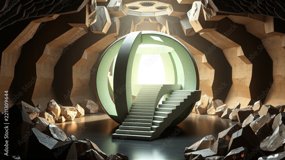 Fototapeta premium Futuristic interior. Circular structure with stairs leading toward bright light. Rocks surround base, creating dramatic scene.