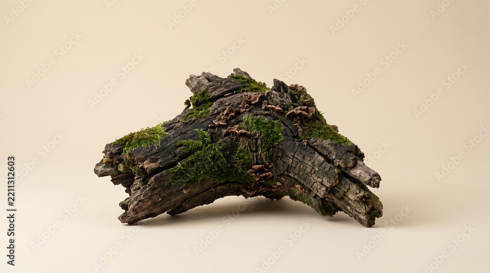 Fototapeta premium Fragment of ancient weathered deadwood covered in soft emerald moss and tiny natural fungi, deeply cracked bark, irregular organic shape, dark woodland atmosphere, isolated against a completely plain 