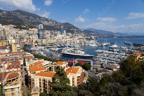 Panoramic view of the Port of Monaco (Port Hercule) and the Monte Carlo district in the Principality of Monaco.