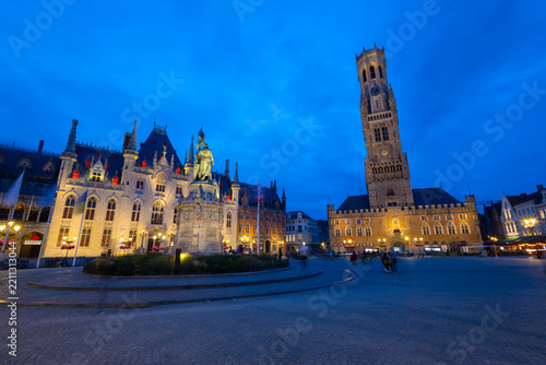 BRUGES, BELGIUM, JULY 14, 2025 - Markt Square (the Market Square) in Bruges at the blue hour, Belgium
