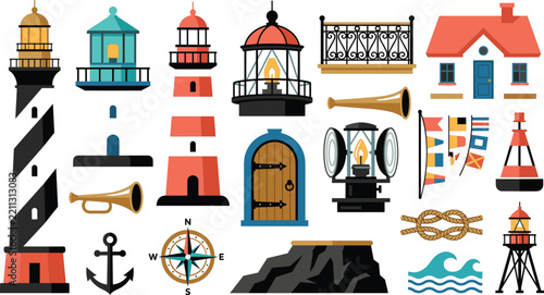 Obraz na plátně Ornate iron railing lighthouse structure with wooden door foghorn brass lamp anc