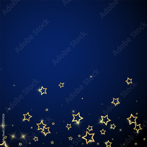 Starry night fairy tale background. Cute sparkling twinkles, christmas spirit in the air. Festive stars vector illustration on dark blue background.