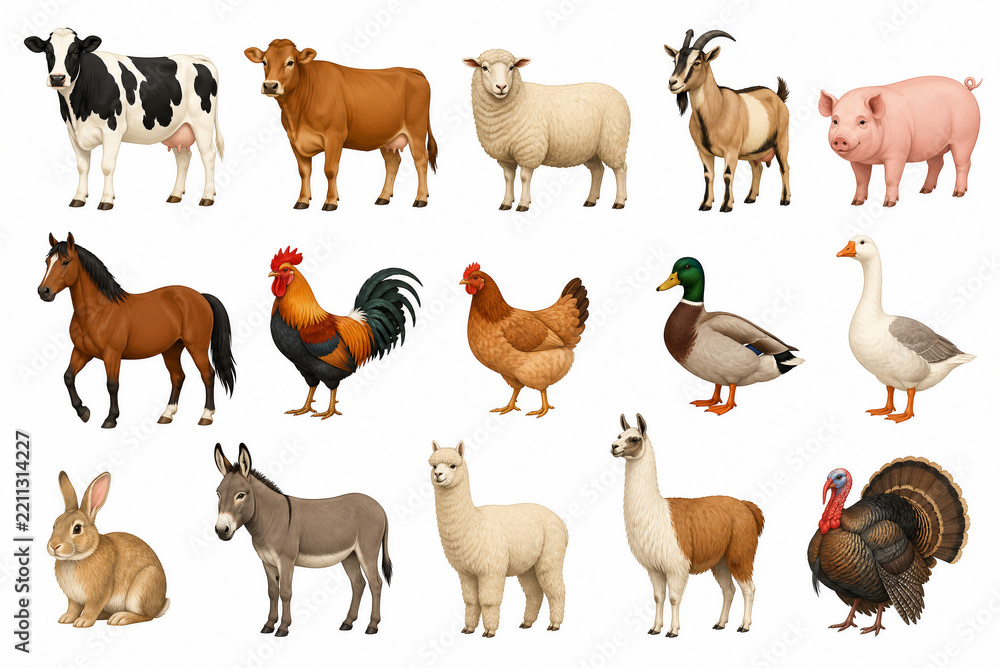 Obraz premium A diverse group of farm animals including cow, pig, chicken, horse, goat, duck, rabbit, donkey, llama, and turkey, arranged in a row on a white background.