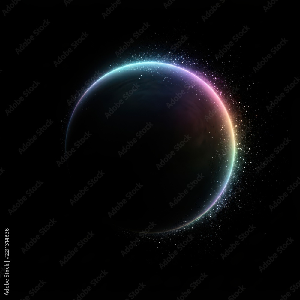 Fototapeta premium Glowing planet with colorful atmospheric dust against dark void symbolizing cosmic discovery and wonder