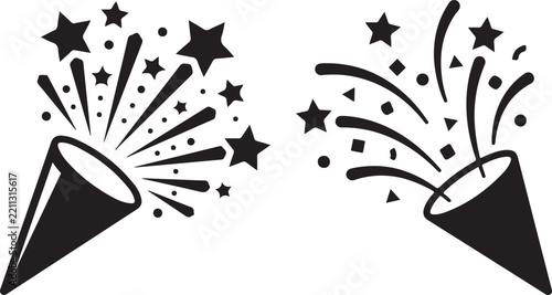 Party poppers with confetti and stars, festive celebration elements for greeting cards, invitations, and holiday designs