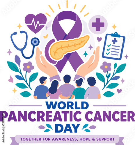 World Pancreatic Cancer Day Vector Illustration With Purple Ribbon And Supportive Community Design