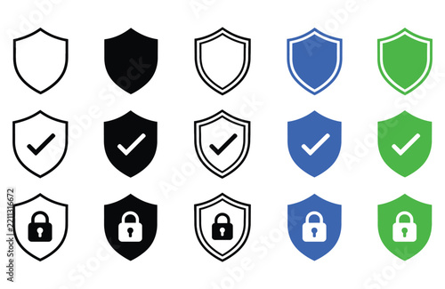 security shield vector icons in outline, solid black, blue and green styles, featuring checkmark and lock symbols for protection, privacy and cybersecurity concepts.